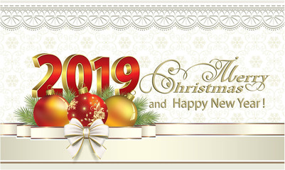 Christmas card 2019 with balls and bow on snowflakes background