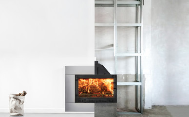 Installation of wood fireplace insert in livingroom
