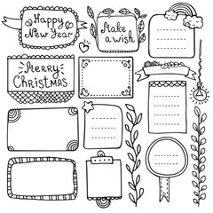 Bullet journal and Christmas hand drawn vector elements for notebook, diary and planner. Doodle frames isolated on white background. 