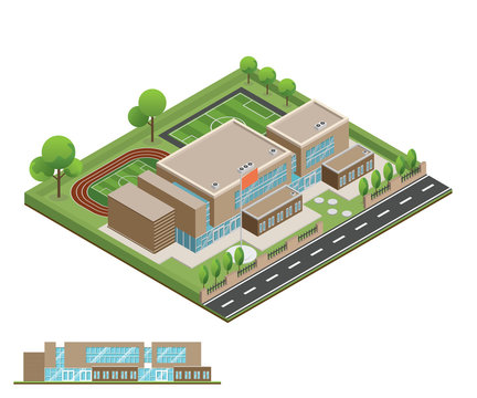 Isometric And 3D Of Modern Office, School Building And Architecture Design.