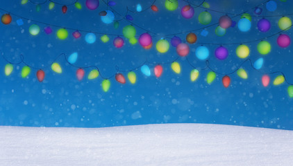 christmas lights background and snow