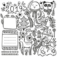 Bullet journal, Christmas, New Year and winter hand drawn vector elements for notebook, diary and planner. Doodle frames isolated on white background. 