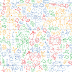 Children medical center. Healthcare illustration. Doodle icons with small kids, infection, fever, cold, virus, illness.