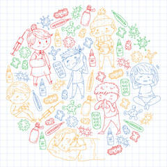 Children medical center. Healthcare illustration. Doodle icons with small kids, infection, fever, cold, virus, illness.