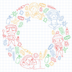 Fototapeta premium Children medical center. Healthcare illustration. Doodle icons with small kids, infection, fever, cold, virus, illness.