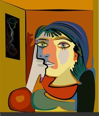 Colorful abstract background, cubism art style, thinking woman