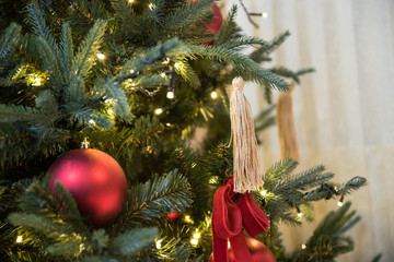 Happy new year and Merry Christmas concept. Beautiful Christmas tree with new year decoration and...