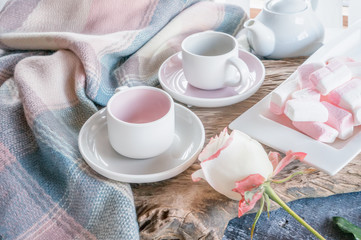 Pure coffee or tea set. A pair of elegant porcelain light gray and pastel pink cups on a cozy background