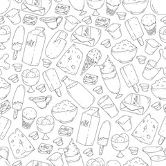 Dairy products. Doodle icons. Diet, breakfast. Milk, yogurt, cheese, ice cream, butter. Eat fresh healthy food and be happy.
