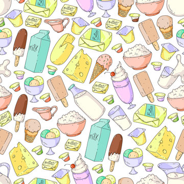 Dairy products. Doodle icons. Diet, breakfast. Milk, yogurt, cheese, ice cream, butter. Eat fresh healthy food and be happy.