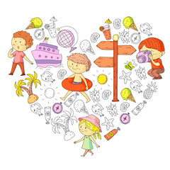 Happy children playing at seashore, beach, sea, ocean. Kids vacation and travelling. Swimming, doodle icons globe, cruise ship, cocktails.