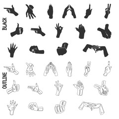 Different human hand positions black and outline icons set for web and mobile design
