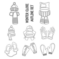 Winter close hat and scarf in color flat, outline and monochrome design icons set