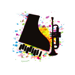 Music festival poster with piano and trumpet flat vector illustration design. Music background with music instruments, live concert events, party flyer, brochure, promotion banner