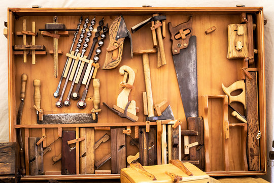 old carpenter's manual tools in an old carpentry shop

