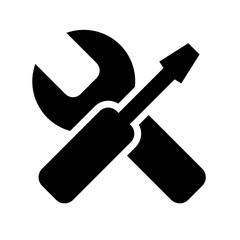 Repairing icon vector. Cross wrench and screwdriver, minimalist style, simple design, black and white color.