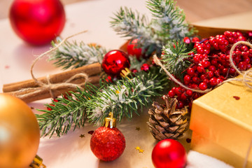 spruce branch, cone, red, Christmas balls, Golden box, Christmas decor, red berries, cinnamon sticks