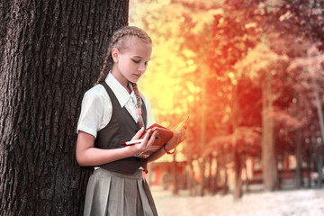 Obraz premium schoolgirl teenager reading a book in a park near a tree.