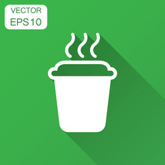 Coffee, tea cup icon in flat style. Coffee mug vector illustration with long shadow. Drink business concept.