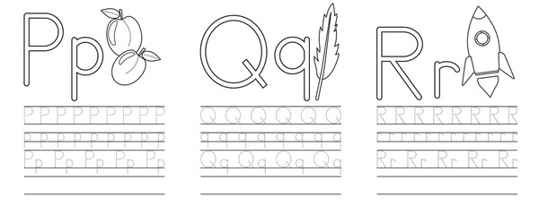 Writing practice of letters P,Q,R. Coloring book. Education for children. Vector illustration