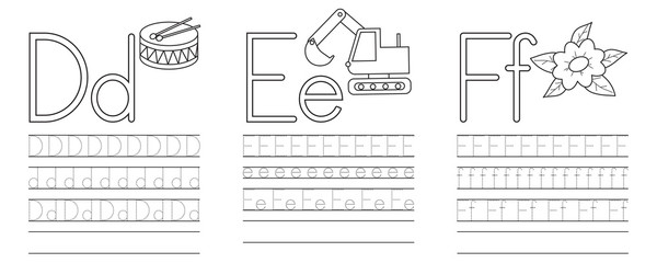 Writing practice of letters D,E,F. Coloring book. Education for children. Vector illustration