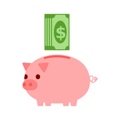 Cute fat pink piggy bank and cash vector
