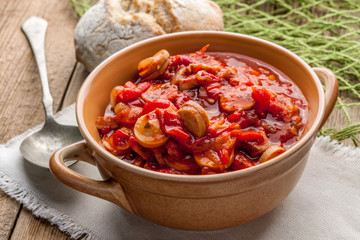 Lecho - stew with peppers, onions and sausages.