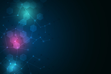 Molecular structure background and communication or neural network. Abstract background of molecules DNA. Medical, science and digital technology concept with connected lines and dots.