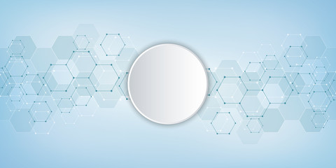 Geometric background texture with molecular structures and chemical compounds. Abstract background of hexagons pattern. Illustration for medical or scientific and technological modern design.