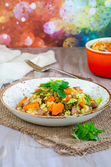 Pearl barley and bacon cassarole with carrots, leek and savoy cabbage