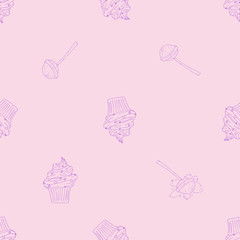Sweets, candies and cakes seamless pattern. Vector illustration of cupcake, cakes, sweets seamless pattern. Hand drawn cake.