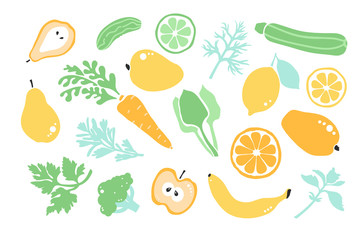 Vegan healty food. Detox. Set fruit, vegetables, greenery. Vector illustration. 