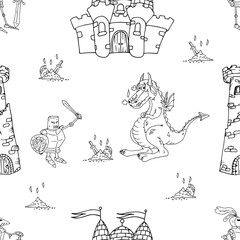 Dragon, knight, castle with towers seamless pattern. Vector illustration of a seamless pattern of fairytale characters dragon, knight. 