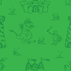 Dragon, knight, castle with towers seamless pattern. Vector illustration of a seamless pattern of fairytale characters dragon, knight. Hand drawn castle with tower knight with dragon.