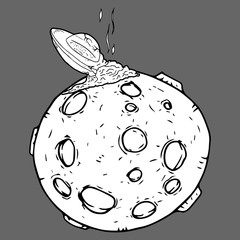 Fototapeta premium UFO on the planet. Vector of a UFO crash in space. Hand drawn cartoon ufo on the moon.