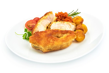 Golden Fried Fish Fillet with herbs, pepper and tomatoes, isolated on a white background. Close-up