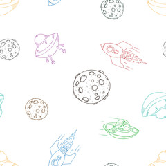Sky with planets and celestial bodies seamless pattern. Vector illustration of a planet seamless pattern. Hand drawn planets and stars.