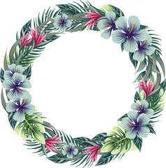 Fototapeta na wymiar vector drawings of round wreath with tropical plants, floral frame