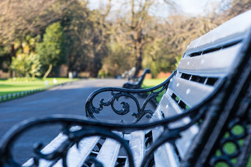 Wooden /cast iron park bench during winter, shallow focus. Phoenix Park, Dublin, Ireland