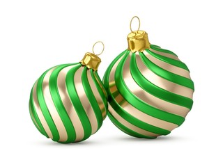 3D rendering Two Golden Green Christmas Ball on a white background