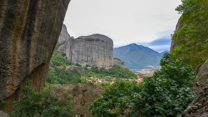 Meteors or Meteora, panoramic view from the plateau to the valley of Thessaly