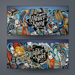 Winter sport hand drawn doodle banners set. Cartoon detailed fly