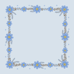 Floral greeting card and invitation template for wedding or birthday anniversary, Vector shape of text box label and frame, Blue cosmos flowers wreath ivy style with branch and leaves.