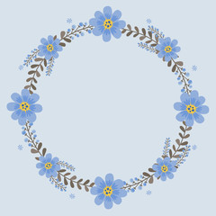 Floral greeting card and invitation template for wedding or birthday anniversary, Vector shape of text box label and frame, Blue cosmos flowers wreath ivy style with branch and leaves.