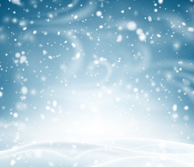 Naklejka na ściany i meble Blue shiny background with winter landscape, snow and blizzard.
