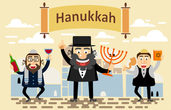 Jews Men celebrating Jewish holiday Hanukkah. Happy Hanukkah.