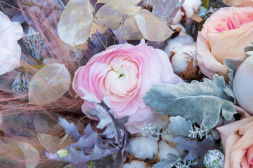 Pink peony in beautiful bouquet close up. Floral background