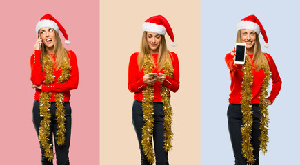 Set of Blonde woman dressed up for christmas holidays sending a message or email with the mobile
