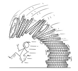 Cartoon stick man drawing conceptual illustration of man or businessman running away from falling stack or pile of coins. Business metaphor for financial problem.