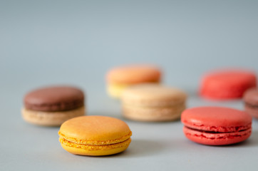 Colorful macaroons are on the light gray background,